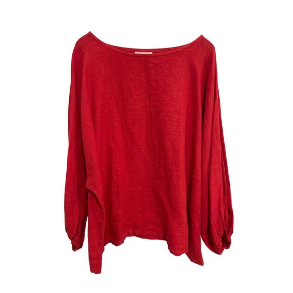 Bryn Walker Linen Top Size 2X Bateau Neck Long Sleeve Elastic Cuff Red Lagenlook